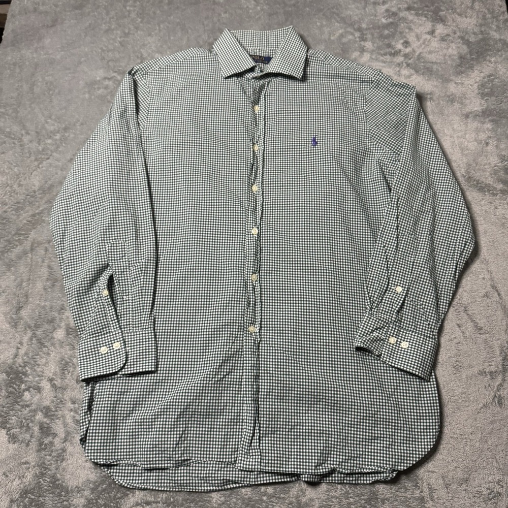 Ralph Lauren Polo Mens L/S Button Shirt Green Gingham Size 16 32/33 Purple Pony‎